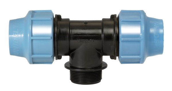 T-Stück Außengewinde 90° PE-Rohre 16 - 110 mm Unidelta (Klemmfitting bis 16 bar)